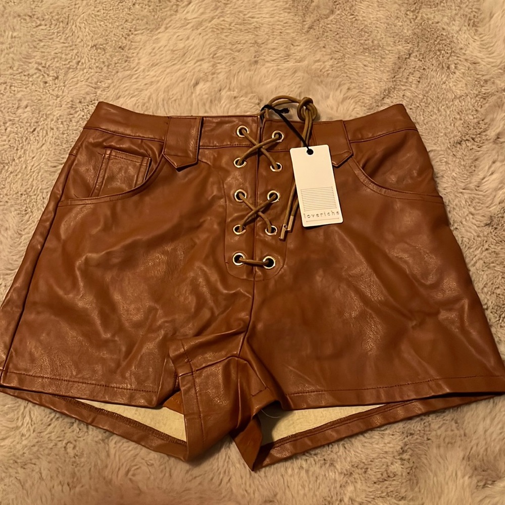 Camel faux leather shorts